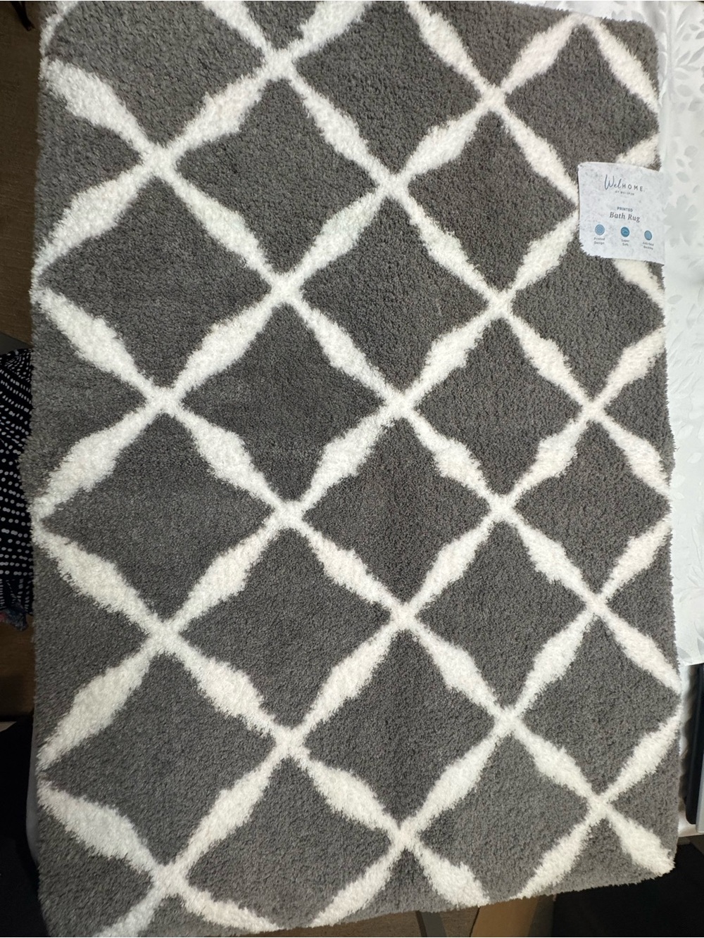 Welhome Plush Geometric Grey and White Bath Rug X 2 NWT